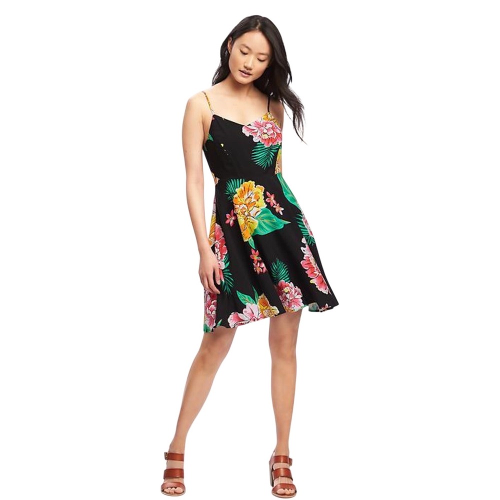Old Navy Womens‎ Black Tropical Floral Fit & Flare Sundress Medium Hibiscus Palm